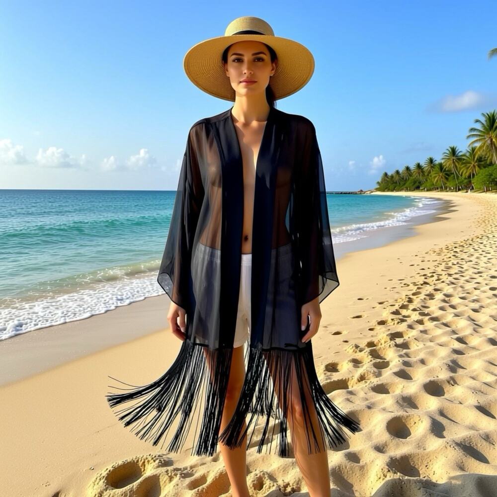 Victoria's Secret Black Sheer Open Kimono CoverUp M Festival Hippie Whimsigoth